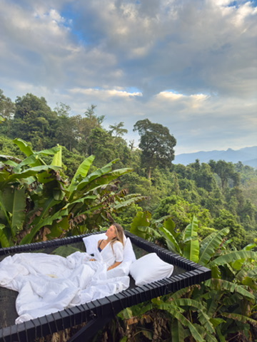 Rachel creating lifestyle content at a mountain stay
